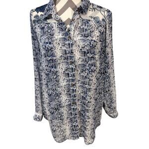 Fig+Flower Blouse PL Petite Large Blue Snakeskin Floral Button Up Mixed Media